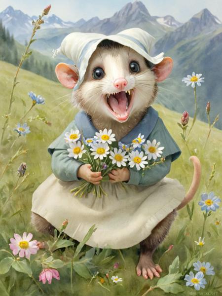 possum wearing a bonnet collecting flowers in a alpine meadow <lora:Opossum-possum-000002:1> possum,  open mouth  (watercolor) (illustration) children's book, (beatrix potter) <lora:StorybookRedmondUnbound-KidsRedmAF:1>