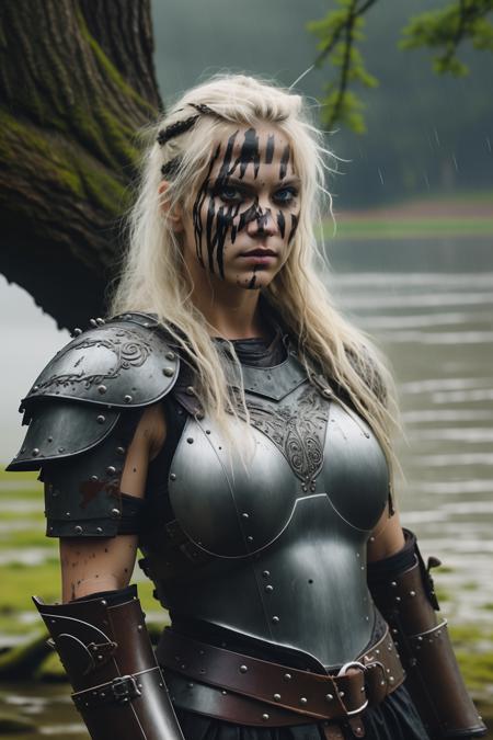 fantchar, a viking woman with wet hair and leather armor leaning against a tree, lake in the background, raining, overcast, smeared war face paint, leather armor, realistic, intricate, highly detailed