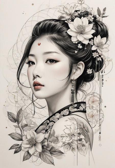 masterpiece, japanes poster style, trash-polka tattoo, sketch, minimalism, pencil drawing, clear lines, delicate ornament, Daeni Pino