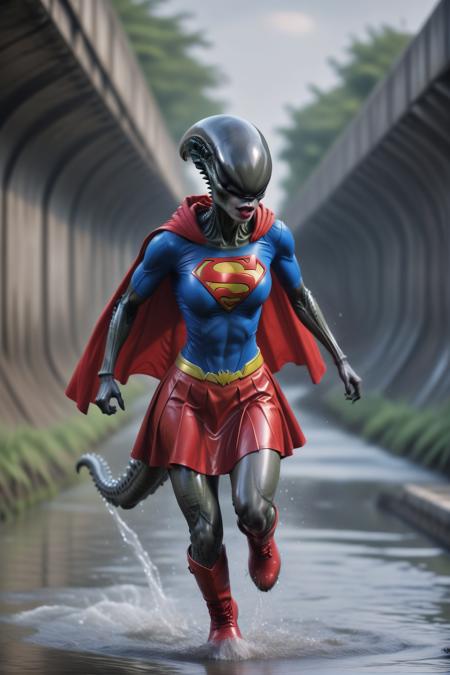 female xenomorph, realistic artwork of a xenowaifu, grey skin, wearing a supergirl costume with red cape and skirt and boots, blue t-shirt, black lips <lora:female_xenomorph_sdxl_V2:0.85>  (tail up:1.2), running in sewerage canal, water splashes, bokeh