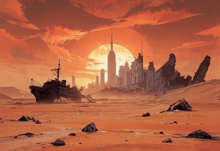 We are in the future, on Earth. Due to climate change, the water has evaporated, and the planet now resembles Mars. A ground-level view of the desert that was once the Atlantic Ocean reveals an endless expanse of sand and jagged rock formations.
A very old commercial ship lies stranded in the sand, almost entirely buried. Further away, the head and arm of the Statue of Liberty emerge from a sand dune. In the distance, the remnants of Manhattan’s skyscrapers stand in ruins, completely overtaken by the shifting sands.
The sun sets behind the crumbling skyscrapers, casting a stunning blend of orange and blue hues across the sky. A large moon looms overhead, adding to the scene’s eerie beauty.