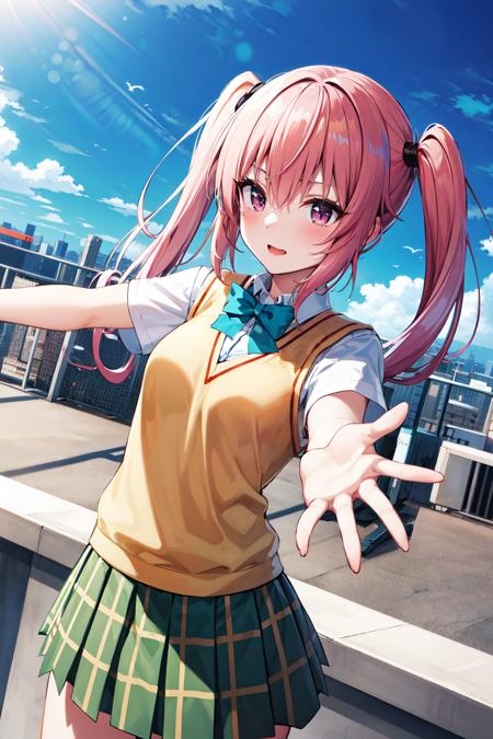 masterpiece, best quality, highres, aanana, long hair, twintails, school uniform, green bowtie, white shirt, sweater vest, short sleeves, plaid skirt, green skirt, <lora:nana_asta_deviluke_v1:0.7>, reaching out, rooftop, blue sky, standing, outstretched arms,