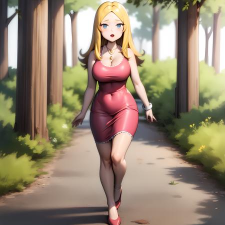 ((masterpiece, best quality)),(complex light), full body, solo, francine, necklace , lipstick, dress, blonde hair,<lora:Francine_Smith1-10:0.8>, walking, forest,