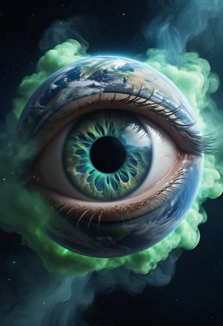 A giant eye of the Earth is opening, with blue and green glowing liquid flowing out from it into space. The Earth is visible inside. Thick smoke fills the air around it. In the style of Surrealism. High resolution, high detail.