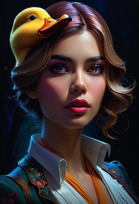 Expressionism - Horror illutration depicting digital illustration of wednesday duck, Hanna Barbara Pixar head and shoulders portrait, 8k resolution concept art portrait by Greg Rutkowski, Artgerm, WLOP, Alphonse Mucha dynamic lighting hyperdetailed intricately detailed Splash art trending on Artstation triadic colors Unreal Engine 5 volumetric lighting