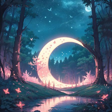 tsukimi, Baker-Miller pink theme, tree, crescent moon, moon, scenery, sky, night, nature, star (sky), grass, flower, outdoors, forest, starry sky, bird, no humans, glowing<lora:tsukimi-000007:1>