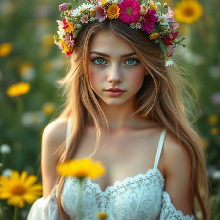 cinematic photo summers meadow, wild flowers
1girl, solo, wild flower crown, long hair, breasts, cleavage, lacy summer dress, thin dress straps, bright green eyes, button nose
bokeh, , score_9, score_8_up, score_7_up, hyperdetailed, hyperrealistic, masterpiece, best quality, (masterpiece:1.3),high-definition, intricate details, volumetric lighting, symmetrical face, level eyes, skin pores . Extremely high-resolution details, photographic, realism pushed to extreme, fine texture, incredibly lifelike . 35mm photograph, film, bokeh, professional, 4k, highly detailed