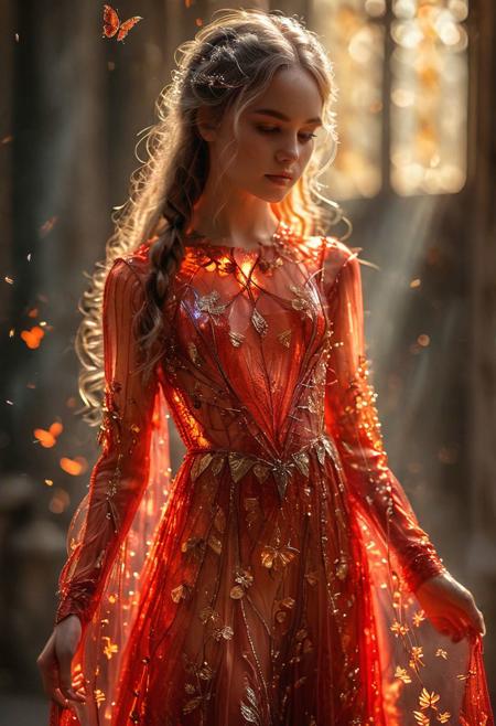 a beautiful 1girl in transparent red glass dress, with a exquisite fragile iridescent glass leafs, surrounded with [white:2] butterflies, intricate details, masterpiece, award winning, rich, breathtaking, golden hour light, bokeh, atmospheric,