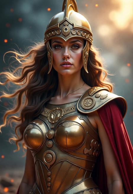 A powerful waist-up portrait of a divine warrior woman, reimagined as a modern embodiment of Athena or Diana, glowing with ethereal gravitas. She wears a gleaming bronze chestplate embossed with ancient sigils—owls, crescent moons, and labyrinthine keys—crafted to accentuate both strength and femininity. Her full-face Corinthian helmet, burnished and radiant, is slightly tilted back to reveal a chiseled visage: luminous olive-toned skin, deep-set dark eyes adorned with smoky eyeshadow, and bold red lips that smolder with silent authority. Her thick, wavy hair flows in strands of dark gold and midnight, caught in a celestial breeze that stirs the edges of her crimson cape. The background is an abstract tapestry of shadows and stormlit textures—blues, blacks, and muted golds—evoking chaos and divinity. Subtle embers and sparks float around her, adding a touch of mythic fire. The overall style is photorealistic with a movie-poster gloss finish: ultra-sharp detailing, lens flare highlights, and high-contrast cinematic lighting that bathes her in a divine, battle-hardened aura