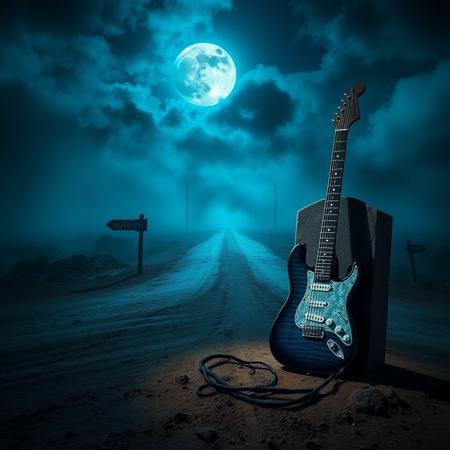 Ultra high quality, very detailed, A mysterious, fog-shrouded dusty crossroads in a barren landscape, illuminated by a blue moon, smokey clouds, looming darkness, eerie feeling, dark, deep dark shadow, a granite headstone in the foreground with carved text "The Bluesbrakers", a blue fender electric guitar rests upright next to the slab