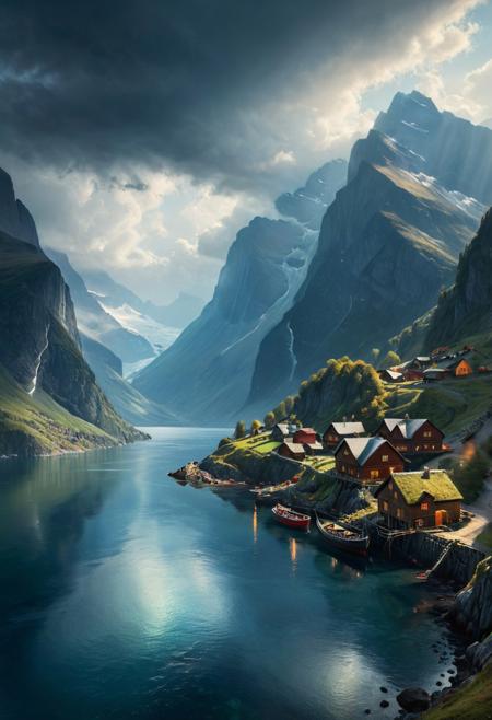 majestic fjords with small fishing villages nestled at their bases, breathtaking scenery, high detail, realistic landscape, vibrant colors, cinematic lighting, serene atmosphere, by Andreas Achenbach and Thomas Kinkade, 8k resolution, ultra HD, beautiful composition, highly detailed and hyper realistic photo, by Alena Aenami , by Archibald Thorburn , by Daniele Afferni , in the style of  monochromatic silhouette reflection,  limited dark palette, unusual dark colors, faded colors, atmospheric haze, highly dramatic cinematic lighting, motion blur, film grain,  professional, excellent composition, finest details, maximized details, ultimate detail level, masterpiece, best quality