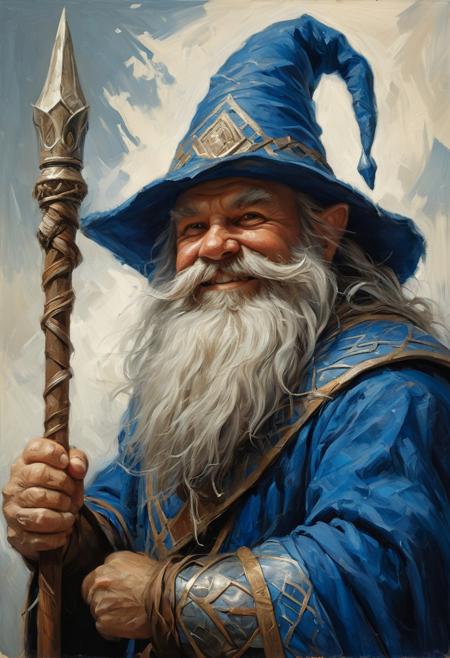 Smiling fantasy dwarf in a blue wizard costume with a pointy hat, holding a quarterstaff, masterful painting in the style of Anders Zorn | Marco Mazzoni | Yuri Ivanovich, Todd McFarlane, oil on canvas