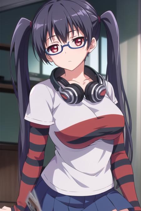 iorikousaka, <lyco:iorikousaka-lyco-nochekaiser:1>, 
iori kousaka, black hair, twintails, glasses, (red eyes:1.5),
BREAK skirt, thighhighs, pantyhose, (striped sleeves:1.5), shirt, headphones, t-shirt, clothes writing, semi-rimless eyewear, headphones around neck, raglan sleeves,
BREAK looking at viewer,
BREAK indoors,
BREAK <lora:GoodHands-vanilla:1>, (masterpiece:1.2), best quality, high resolution, unity 8k wallpaper, (illustration:0.8), (beautiful detailed eyes:1.6), extremely detailed face, perfect lighting, extremely detailed CG, (perfect hands, perfect anatomy),