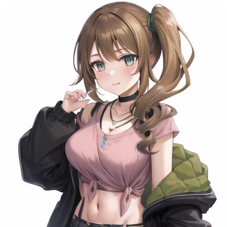 (masterpiece, best quality:1.2),illustration,8k,hd,1girl,solo,green eyes,side ponytail,brown hair,jacket,tied shirt,pink shirt,belt,choker,long hair,midriff,necklace,jewelry,off shoulder,green jacket,denim shorts,breasts,long sleeves,black shorts,black choker,bangs,<lora:Kuroe(Casual wear)-V1:0.6>,