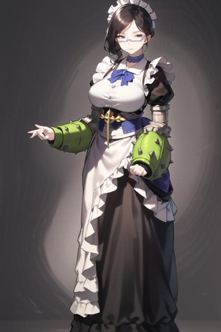 full body, yuri_alpha, glasses, green wristband, maid outfit, beautiful, amazing, detailed eyes, (((masterpiece))),  <lora:Yuri Alpha (Oberlord):0.7>