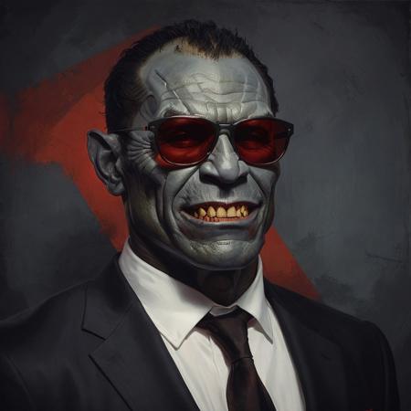 closeup portrait of a orc wearing black suit, highly detailed, evocative, high contrast, red and gray color blocks as the background, retro style sunglasses, smile face, gray skin face