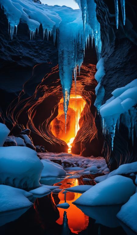 Hot thick lava flowing into a crystal blue ice cave in iceland, heat and steam fill the thick air, a mixture of fire and ice with cracks and liquid lava, (sharp focus:1.2), extremely detailed, (photorealistic:1.4), (RAW image, 8k high resolution:1.2), RAW candid cinema, 16mm, color graded Portra 400 film, ultra realistic, subsurface scattering, ray tracing, (volumetric lighting), extreme contrast, intricate details, reflections on ice, reflections on water, water pouring down