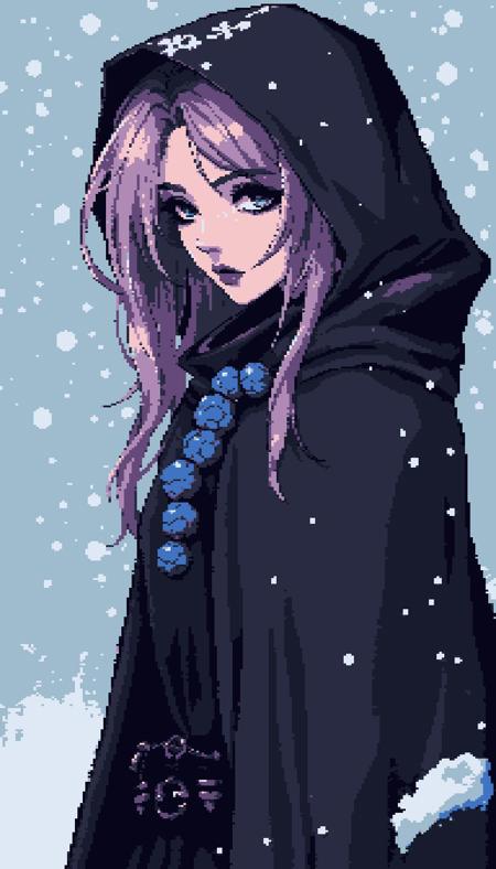 ArsMJStyle, Pixel Art, manyP, gothic dark hair girl in black cloak, thick hair, single sapphire necklace, winter, highly detailed, visual novelle character, full-body