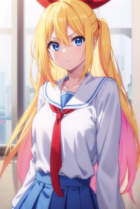 chitogekirisaki, <lora:chitoge kirisaki s2-lora-nochekaiser:1>,
chitoge kirisaki, long hair, blue eyes, blonde hair, ribbon, hair between eyes, very long hair, hair ribbon, multicolored hair, red ribbon, gradient hair, angry, frown,
BREAK skirt, shirt, thighhighs, school uniform, collarbone, white shirt, pleated skirt, necktie, serafuku, sailor collar, red ribbon, blue skirt, blue sailor collar,
BREAK indoors, classroom,
BREAK looking at viewer, (cowboy shot:1.5),
BREAK <lyco:GoodHands-beta2:1>, (masterpiece:1.2), best quality, high resolution, unity 8k wallpaper, (illustration:0.8), (beautiful detailed eyes:1.6), extremely detailed face, perfect lighting, extremely detailed CG, (perfect hands, perfect anatomy),