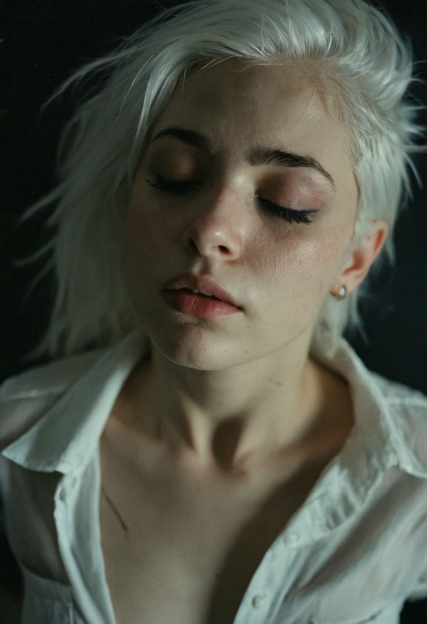 one woman, cute face, gorgeous sucide girl punk 25 years old german horny woman, detailed texture skin, cinematic shot, open shirt, half body shot from above, heavy makeup, closed eyes, very white skin, head tilted back, white hair, ((small breast)), indoor on black background, soft light, backlight,foggy,faded, low light, kodak portra 400 analog film, grainy, faded,Cinematic Hollywood Film, Film Grain style