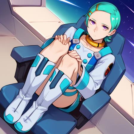 purple eyes, aqua hair, short hair collar hairclip, hair ornament dress, long sleeves, thigh strap boots, white footwear