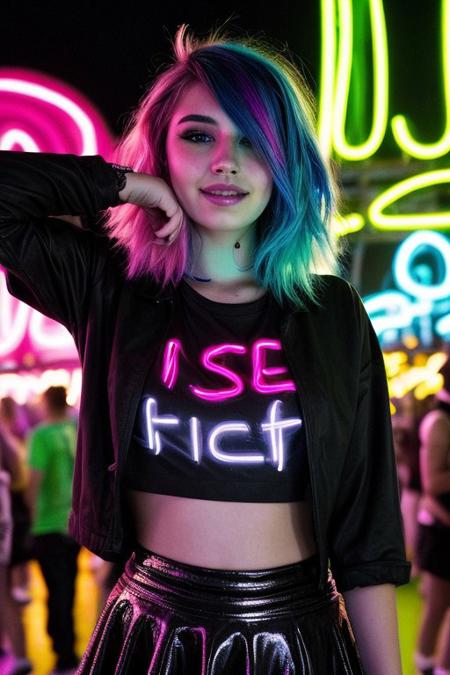 score_9, score_8_up, score_7_up, score_6_up, beautiful 19 year old girl, colored hair, neon lights, rave, rave clothing, skirt, crowd, nighttime, dusk, smiling, ultra realistic, big lips, (masterpiece, best quality, highres:1.2), (photorealistic:1.2),