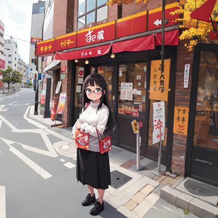 best quality, ultra-detailed, illustration,
(1girl:1.4), solo, glasses, black hair, long hair, medium breasts, white sweater, long skirt, embarrassed, blush, shy smile, looking at viewer,  solo focus,
tokainosukiya, storefront, outdoors, building, shop, sign, tree, city, window, day, street, table,road, cityscape, real world location, lamppost, 
 <lora:sukiya_SD15_V1:0.6>