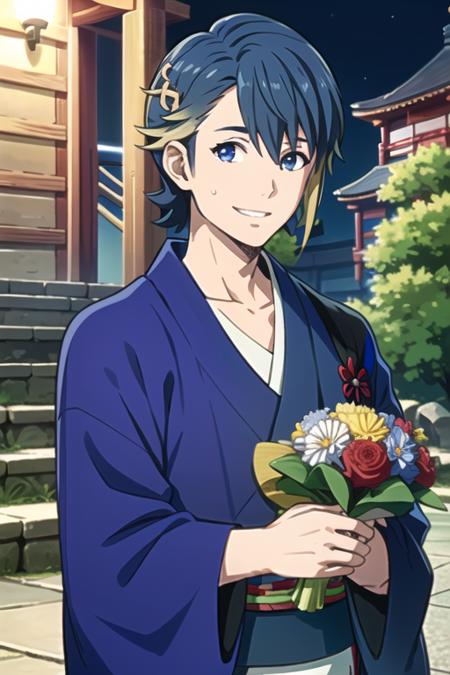 best quality, masterpeice, 1boy, alfonse \(fire emblem\), fire emblem, fire emblem heroes, blue hair, black hair, blonde hair, gradient hair, two-tone hair, short hair, hair between eyes, hair ornament, blue eyes, facing to the side, looking at viewer, sideway glance, pov, happy, light smile, grin, solo, solo focus, outdoors:, festival, dutch angle, cowboy shot, sweat, sweatdrop, collarbone, night, japanese clothes, yukata, kimono, (blue kimono:1.2), floral pattern, sash, tabi, obi, wide sleeves, holding, bouquet, holding bouquet, close-up, simple background,