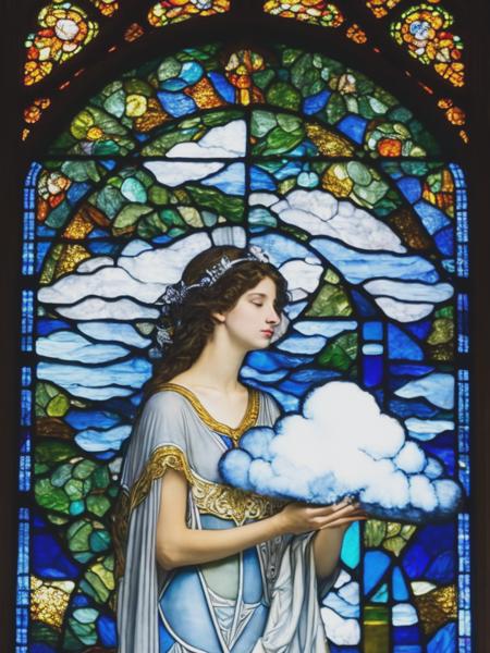 <lyco:LouisComfortTiffany:1.0> girl holding a cloud of mist in stained glass painting weather chanel. Palau de la Musica, gothic, John Thornton, William Morris, Frank Lloyd Wright, Louis Comfort Tiffany