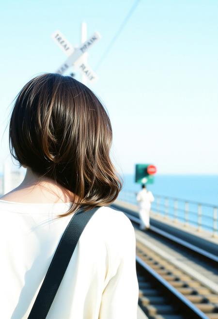 Japanese Culture Style, Emotional Photos, 35mm film, soft focus, Back view of a young Japanese woman waiting at a train crossing, blue sky, Seaside,