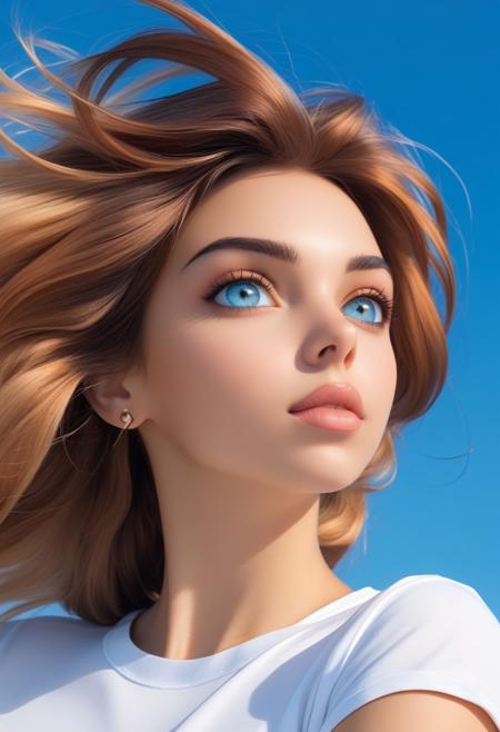 closeup portrait of a stunning lady, neutral expresson, white t-shirt, expressive eyes, sky blue background.
rockster