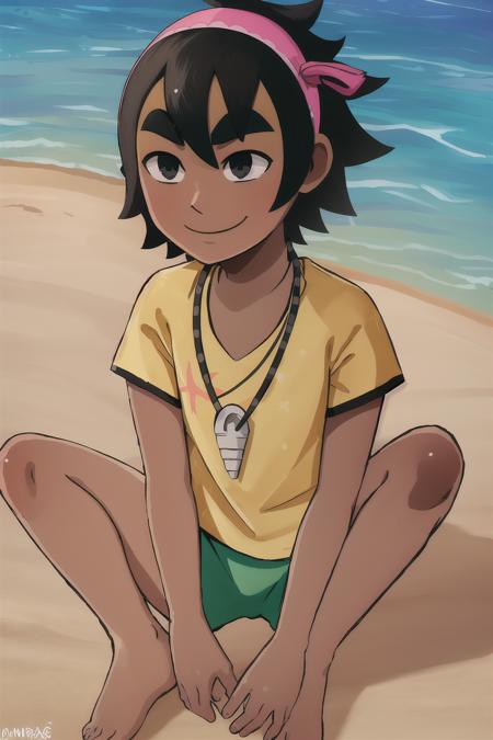 <lora:KoaSummerInMara:0.8>, 1girl, KoaSummer, black hair, short hair, pink hairband, thick eyebrows, black eyes, dark skin, tan, necklace, yellow shirt, green shorts, barefoot, smile, happy, outdoors, laying, beach, sand, sea, ((masterpiece)), (best quality), 8k, ultra-detailed, absurdress, beautiful, highres