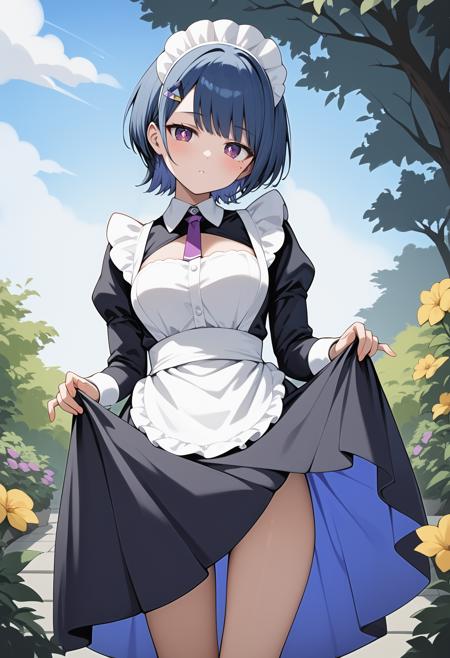 aatoru, short hair, blue hair, hair ornament, purple eyes, diamond-shaped pupils, mole under eye, headphones around neck, breasts, black choker, necklace, cleavage, black shirt, hooded jacket, white jacket, long sleeves, midriff, long skirt, black skirt aatoru, medium hair, multicolored hair, blue hair, purple hair, ahoge, braid, earrings, purple eyes, diamond-shaped pupils, mole under eye, breasts, bare shoulders, lace trim, black dress, negligee, off shoulder, white jacket, long sleeves, sleeves past wrists,