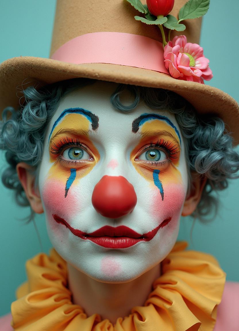 Create a surreal image featuring a face with clown-like features, such as exaggerated makeup and accessories like a bowler hat or other whimsical accessories. The color palette should draw inspiration from the images provided, utilizing soft pastel tones in hues of pink, yellow, and blue for a dreamy atmosphere. The subject matter should combine elements of fantasy and humor, with a playful and curious expression on the face's features.
Composition: The image should be composed using a rule-of-thirds pattern, positioning the face slightly off-center to create a sense of balance and symmetry. Lighting: Soft, diffused lighting should be used to highlight the textures and materials on the face, with a mix of warm and cool light tones to enhance the dreamlike quality.
Mood: The mood of the image should convey a sense of playfulness and curiosity, with a slight hint of whimsy. Technical Qualities: High resolution and professional photography aspects should be emphasized in the final prompt to ensure the image maintains clarity and detail.
The face should be captured from a unique angle that draws attention to the expressive eyes and nose while also showcasing the intricate details of the makeup and accessories, such as close-ups of individual features or wide shots that capture the entire face in its quirky attire. The overall artistic style should blend elements of surrealism with a touch of humor and fantasy.