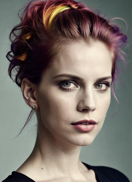 portrait of sks woman by Flora Borsi, style by Flora Borsi, bold, bright colours, rainbow Mohawk haircut, ((Flora Borsi)), <lora:lora_annachlumsky_v1_from_v1_160:1>