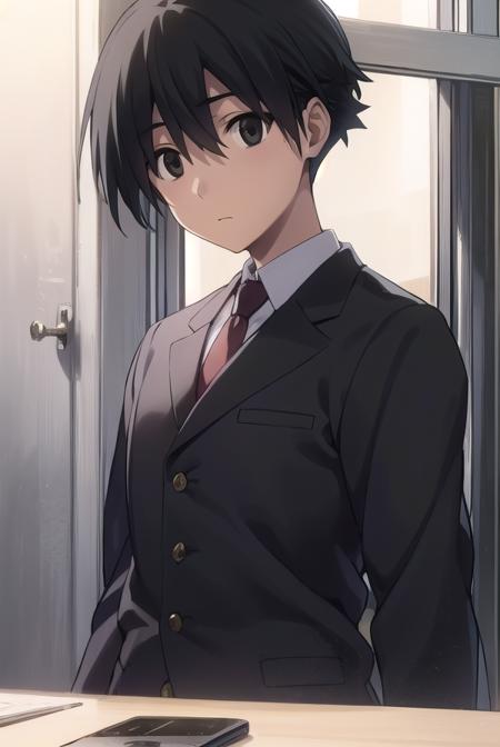 makotoitou, <lora:makoto itou s1-lora-nochekaiser:1>,
makoto itou, black hair, (black eyes:1.5), short hair,
BREAK school uniform, necktie, formal, suit,
BREAK indoors, classroom,
BREAK looking at viewer, (cowboy shot:1.5),
BREAK <lyco:GoodHands-beta2:1>, (masterpiece:1.2), best quality, high resolution, unity 8k wallpaper, (illustration:0.8), (beautiful detailed eyes:1.6), extremely detailed face, perfect lighting, extremely detailed CG, (perfect hands, perfect anatomy),