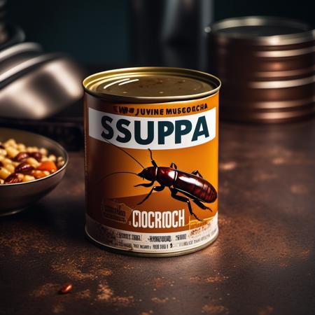 cinematic photo metal can of soup, mutatant|cockroach depicted on can etiquette, with big text "SUPA" and small text "SUPA COCROCHA", on kitchen table, simple background, pbr texture, grit, stains, rust <lora:Grit-SDXL:1.5> . 35mm photograph, film, bokeh, professional, 4k, highly detailed