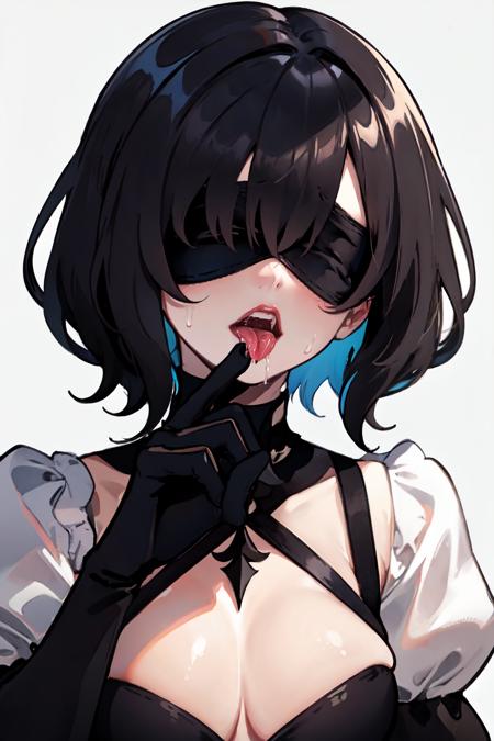 nyantcha style, split-color hair[white hair,black hair], medium hair, saliva trail, tongue, tongue out, cleavage cutout, clothing cutout, black blindfold, white background,  saliva, dark persona, 1girl, black dress, simple background,cleavage, solo,  drooling, dress,gloves, black hair, black gloves, blindfold, puffy sleeves, heavy breathing
  <lora:nyantcha_style:1>