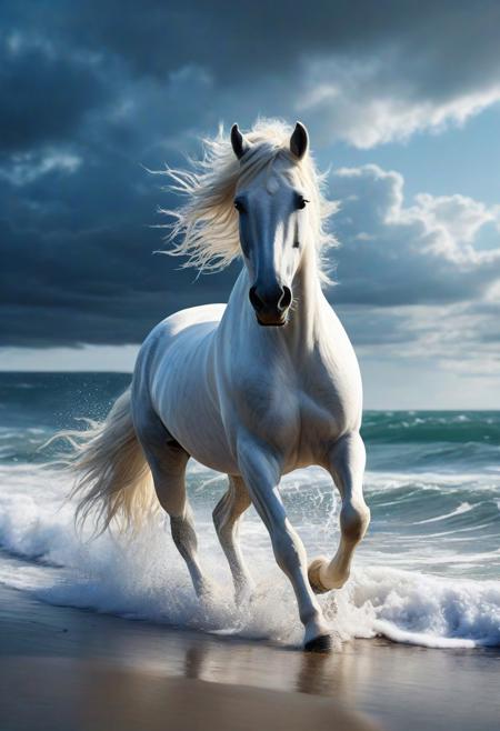 ((masterpiece: 1.2), (best quality, ultra detailed, photorealistic: 1.37) high quality, high definition, super detailed, unreal engine, ultra realistic photography, 3d, 8k, cinematic lighting, volumetric lights, hyper-realistic photography, HDR, silk, volume, ((extremely realistic photo)), professional photo, a wild horse, all white, symbol of freedom, runs free on the shore of a stormy sea, surrounded by beams of blue luminous energy, mysterious art, mystical, majestic