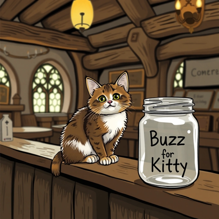 A cute cat sits on a bar in a medieval tavern, there is an empty jar next to it that says "Buzz for Kitty."