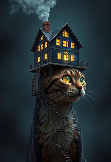 "Create a photorealistic image of a cat balancing a house upon its head, with the house perched precariously at the top of the cat's skull. A winding stairway wraps around the cat's body, leading up to the front door of the house. Smoke billows out of the chimney, and warm lights glow from within the windows. The cat's face is a stunning representation of the night sky, with stars and constellations visible in the fur. The cat's eye is a bright, shining moon, with a gentle glow that illuminates the surrounding darkness. The moon is not visible in the sky, but rather is embodied in the cat's eye, as if it has been transported from the heavens to the cat's gaze. The image should be rendered in exquisite detail, with subtle textures and shading that bring the scene to life. The overall effect should be one of breathtaking, surreal wonder." Highest-Quality, 4k, intricate details, visually stunning, Masterpiece