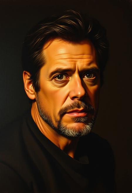 A portrait of jim carrey in the style of Rembrandt van Rijn.  Rich, warm chiaroscuro lighting illuminates the subject's face, highlighting the intricate details of their features.  Deep, dramatic shadows create a sense of mystery and intrigue.  The texture of the canvas should be visible, with visible brushstrokes adding a tactile quality.  Jim carrey's expression is contemplative, gazing directly at the viewer with a knowing intensity.  A dark, velvet backdrop provides a sense of timeless elegance.
