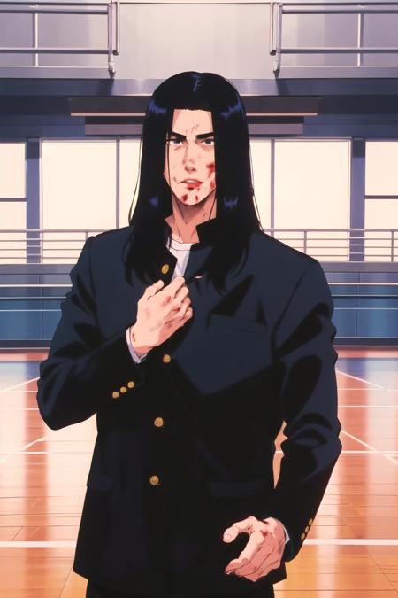 Mitsui Hisashi,black hair, long hair, school uniform, black eyes,long sleeves,black pants,black coat, blood, injury,nosebleed,bruise, bandaid on face,bandaid,bandages, hoodie,hood