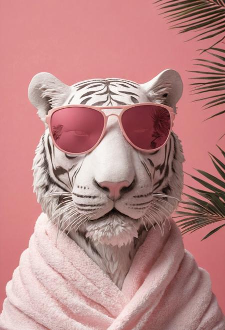 A detailed 3D render of coplaster plasterгof a tiger made of white marble, A tiger, a cool tiger with a towel on his head and sunglasses, with a cocktail in his paw, a tube in his cocktailcircular backlight behind it, illuminating warm pink and white. Created Using: 3D modeling software, high poly count, realistic textures, palm tree branches in the foreground, advanced lighting, mythological inspiration, dynamic pose, neon, modernity, high-definition quality