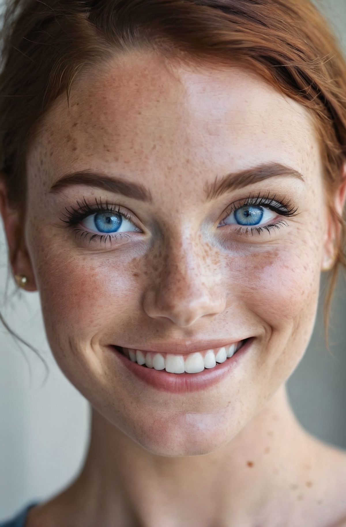 A woman with freckles and blue eyes smiling.