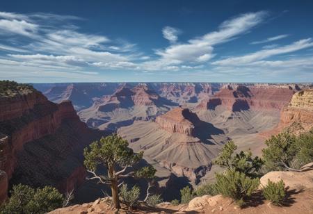 masterpiece, photorealistic, the grand canyon, scrub brush, blue sky, wispy clouds, serene, peaceful, uninhabited