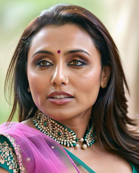 ultrarealistic soft focus photo of a 30-year-old woman, rani mukerji, outdoors, high neck Phulkari Suit lace covering chest and cleavage, Lip bite in nervousness, macro shot camera angle, looking looking at camera, day time, beautiful bokeh  <lora:Rani_Mukerji_SDXL_LoRA:0.8>