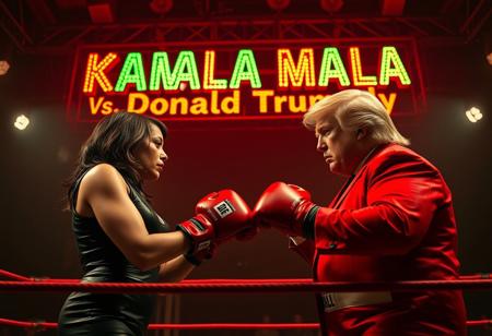 “Kamala Harris and Donald Trump in a dramatic, Tarantino-inspired showdown within a gritty wrestling ring. The scene is bathed in the warm, cinematic glow of Panavision Prime cine lenses, capturing deep contrasts and striking color science. Above the fighters, a massive neon sign in intense orange and green letters reads ‘KAMALA MALA Vs. Donald Trumpoly,’ casting an eerie, retro glow over the ring. Kamala, in sleek, dark boxing attire, and Trump, in a flamboyant wrestling outfit, face off with fierce, determined expressions, their poses reminiscent of classic Tarantino tension. The lighting is moody, with a focus on gritty textures and rich tones, giving the scene a suspenseful, high-stakes energy.”
