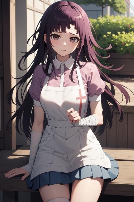 masterpiece, best quality, highres, large breasts, tmikan, purple hair, (brown eyes:1.2), long hair, messy hair, bandaged arm, bandaged leg, bandaid on knee, pink shirt, puffy short sleeves, white apron, pleated skirt, outdoors, looking at viewer, closed mouth<lora:Mikan-16:1>