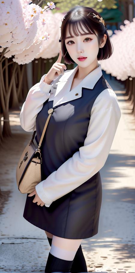 masterpiece,highres, highest quality,intricate detail,best texture,realistic,8k,soft light,perfect shadow,
sunny,modern city,crowding street,stores,shopping,flower garden,falling cherry blossoms,
from everywhere,dajie<lora:Threesister-dajie:1>,mature female,Beret,short hair,white coat,leather skirt,tights,high boots,gold necklace,famous watch, cigar,sunglasses,thumb up,rifle,walking,